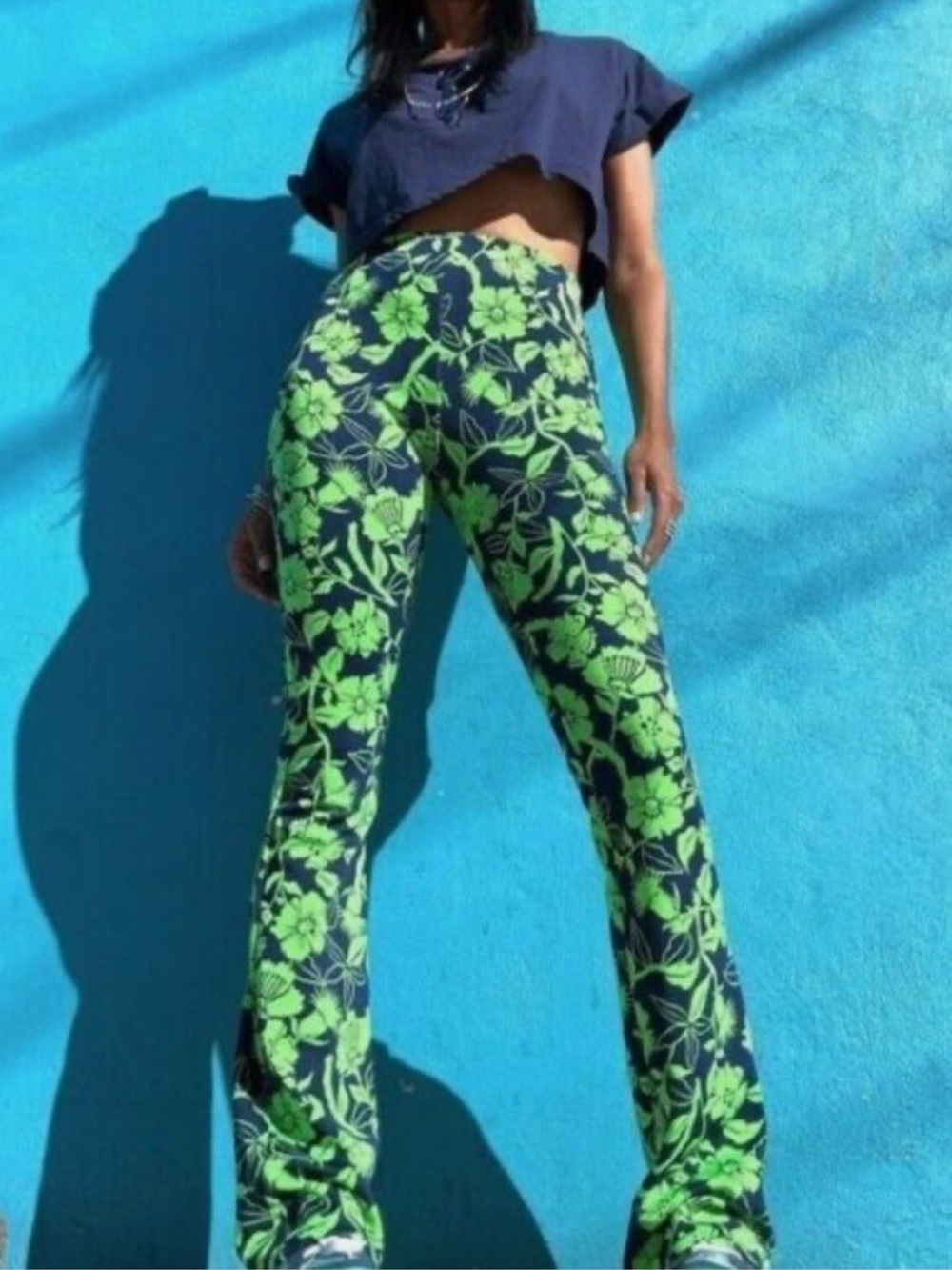 Zara Green Floral Boot Cut Pants on Navy